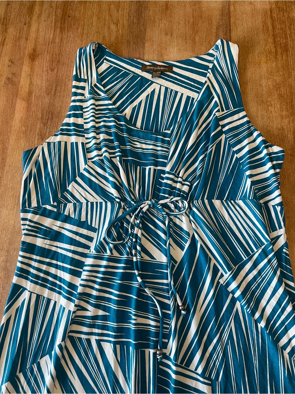 Tommy Bahama Teal & White Sleeveless Tie-Waist Geometric Dress - Picture 2 of 10